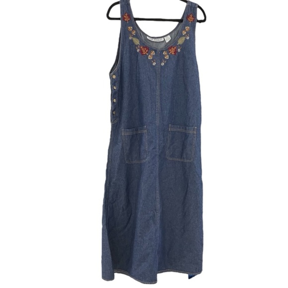 Vintage Jane Ashley Blue Jean Denim Dress Fall Leaves Acorn Embroidered Medium